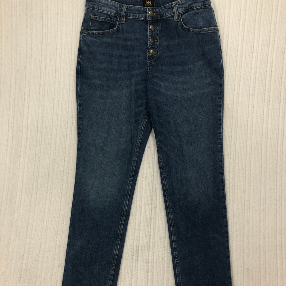 Lee Womens High Rise Straight Leg Jeans Medium Wash Button Fly 12 Medium